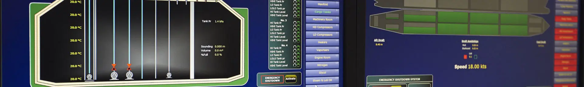 Computer monitors showing the software used in the liquid cargo operations simulator