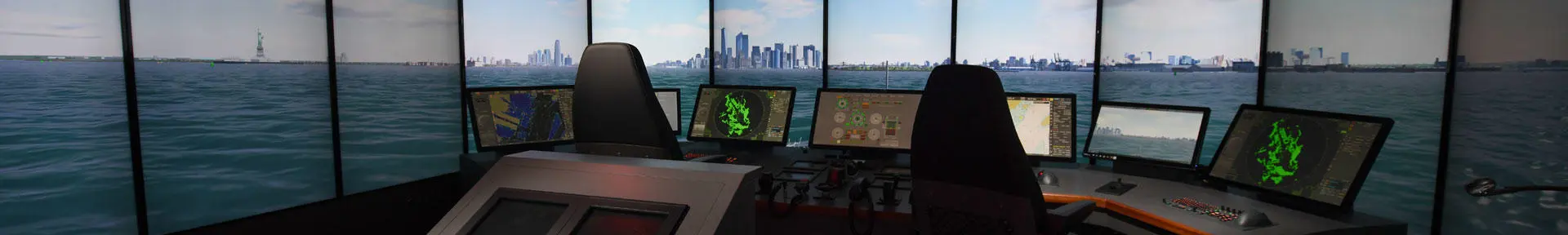 A wide-angle shot of an empty bridge simulator