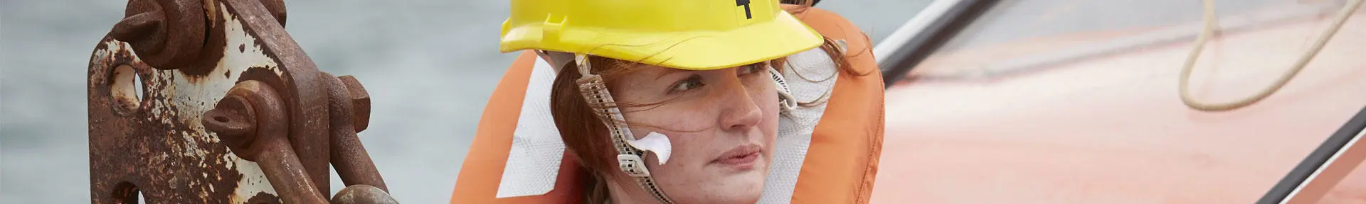 A female cadet doing survival craft training at the Warsash campus