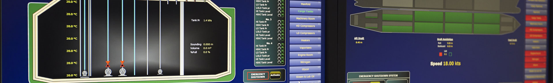 Computer monitors showing the software used in the liquid cargo operations simulator